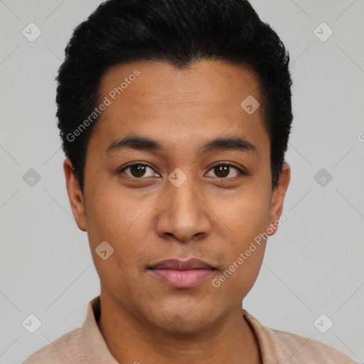 Neutral latino young-adult male with short  black hair and brown eyes