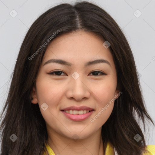 Joyful white young-adult female with long  brown hair and brown eyes