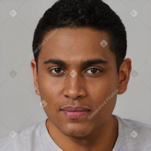 Neutral latino young-adult male with short  black hair and brown eyes