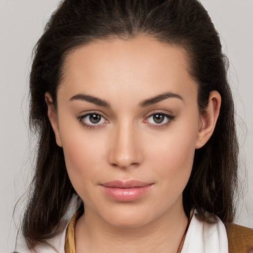 Neutral white young-adult female with medium  brown hair and brown eyes