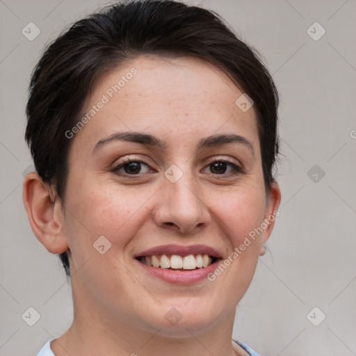 Joyful white young-adult female with short  brown hair and brown eyes