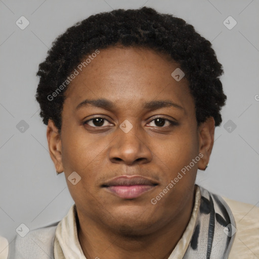 Joyful latino young-adult male with short  brown hair and brown eyes