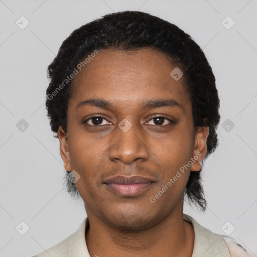 Neutral black young-adult female with short  black hair and brown eyes