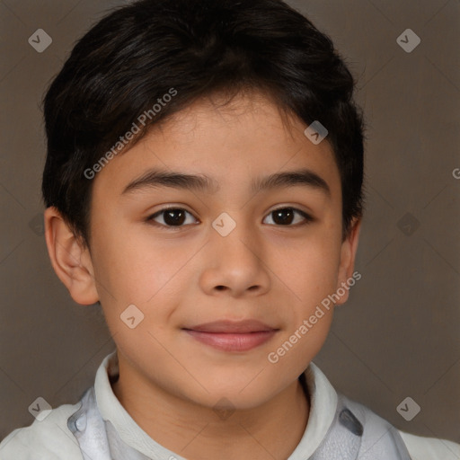 Joyful white child male with short  brown hair and brown eyes