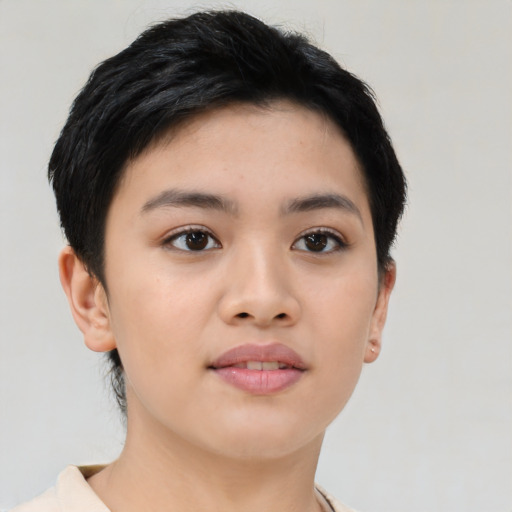 Neutral asian young-adult female with short  black hair and brown eyes