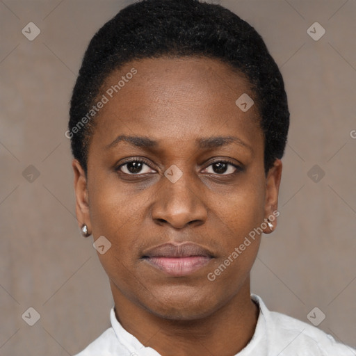 Neutral black young-adult female with short  black hair and brown eyes