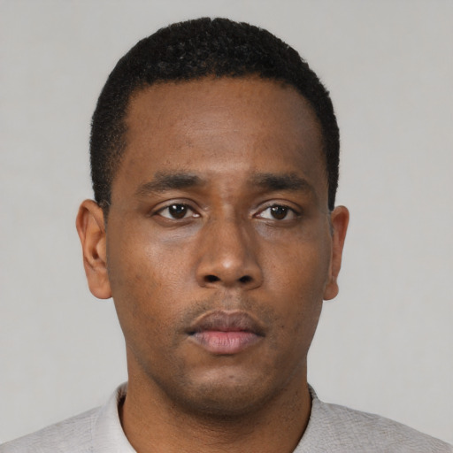 Neutral black young-adult male with short  black hair and brown eyes