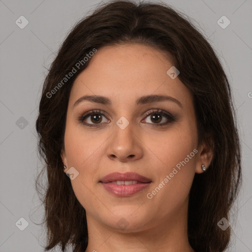 Joyful white young-adult female with long  brown hair and brown eyes