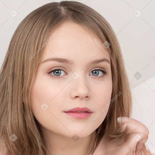 Neutral white young-adult female with long  brown hair and grey eyes