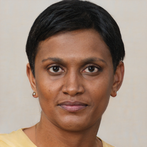 Neutral black young-adult female with short  black hair and brown eyes
