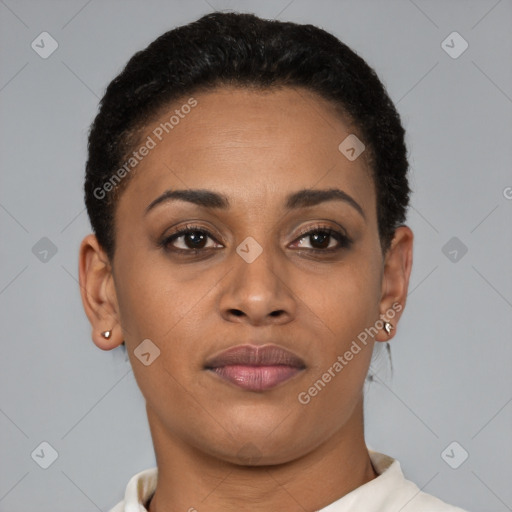 Joyful latino young-adult female with short  brown hair and brown eyes