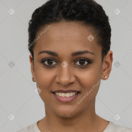 Joyful latino young-adult female with short  black hair and brown eyes