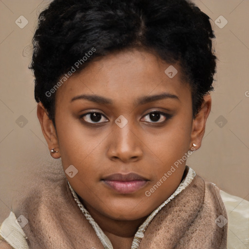Neutral asian young-adult female with short  brown hair and brown eyes