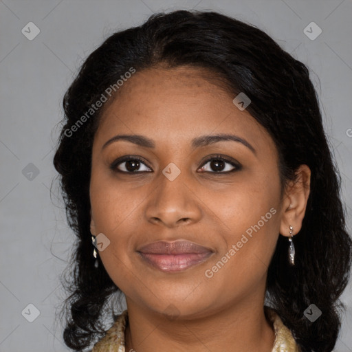 Joyful black young-adult female with medium  brown hair and brown eyes