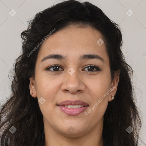 Joyful latino young-adult female with long  brown hair and brown eyes