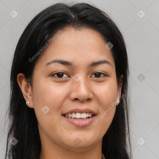 Joyful asian young-adult female with long  brown hair and brown eyes