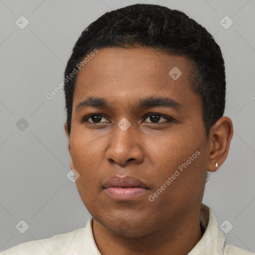 Neutral black young-adult male with short  black hair and brown eyes