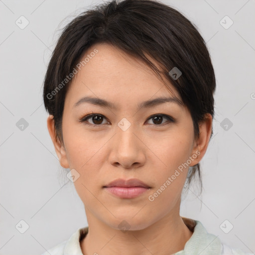 Neutral asian young-adult female with medium  brown hair and brown eyes