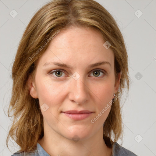 Joyful white young-adult female with medium  brown hair and blue eyes