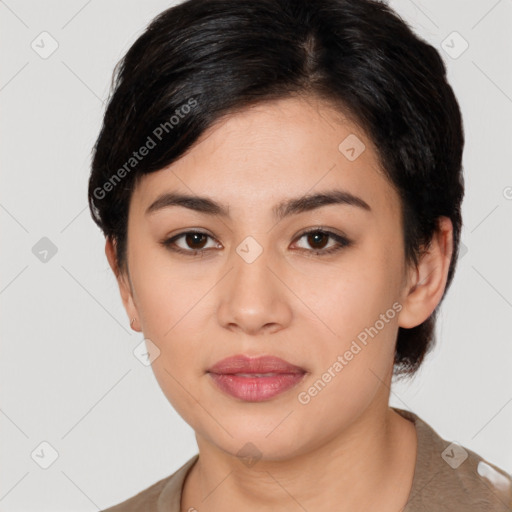 Neutral white young-adult female with medium  black hair and brown eyes