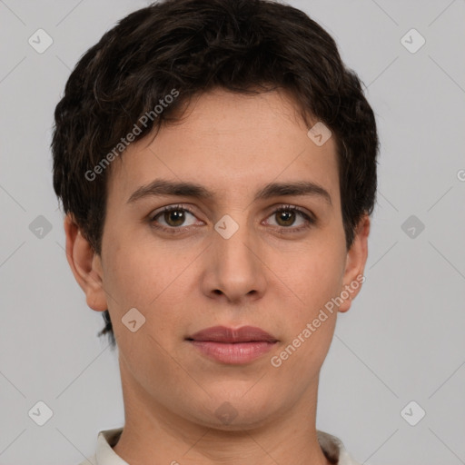 Neutral white young-adult male with short  brown hair and brown eyes