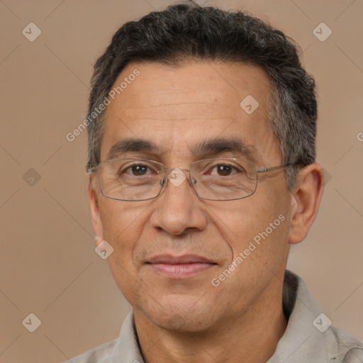 Joyful white middle-aged male with short  brown hair and brown eyes