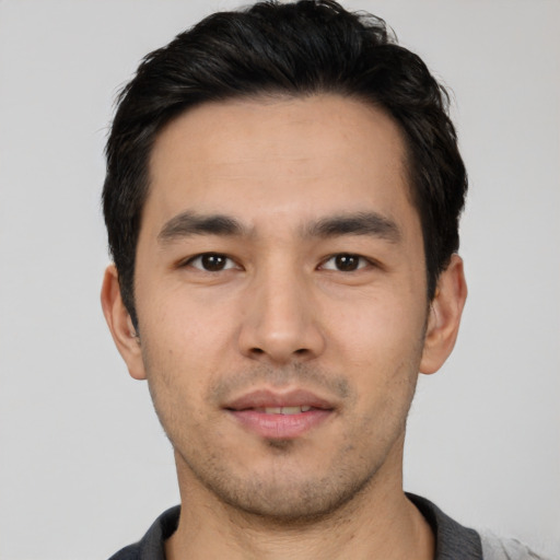 Neutral asian young-adult male with short  black hair and brown eyes