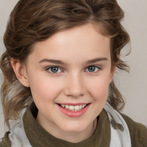 Joyful white child female with medium  brown hair and brown eyes