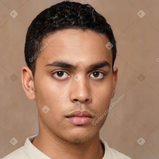 Neutral latino young-adult male with short  black hair and brown eyes