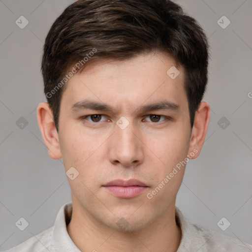 Neutral white young-adult male with short  brown hair and grey eyes