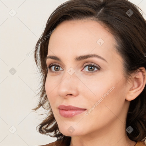 Neutral white young-adult female with medium  brown hair and brown eyes