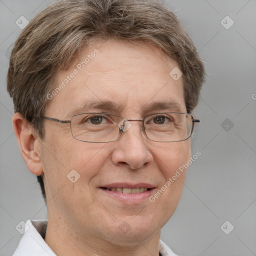 Joyful white middle-aged male with short  brown hair and brown eyes