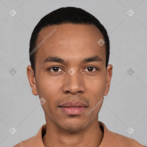 Neutral latino young-adult male with short  black hair and brown eyes