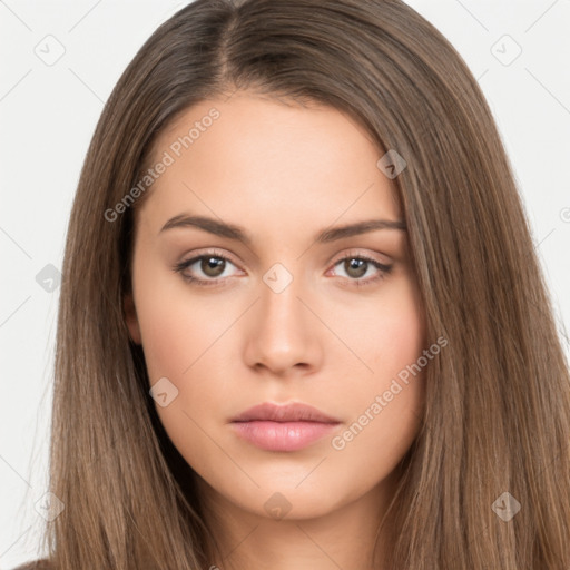 Neutral white young-adult female with long  brown hair and brown eyes