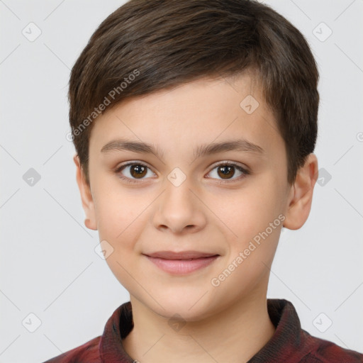 Joyful white child female with short  brown hair and brown eyes