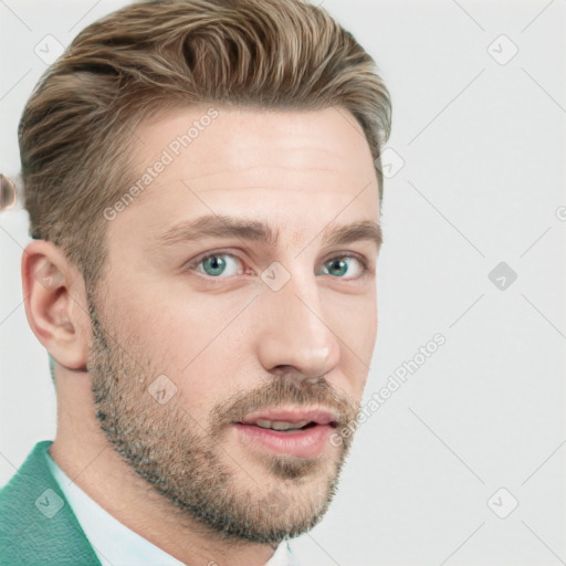 Neutral white young-adult male with short  brown hair and blue eyes
