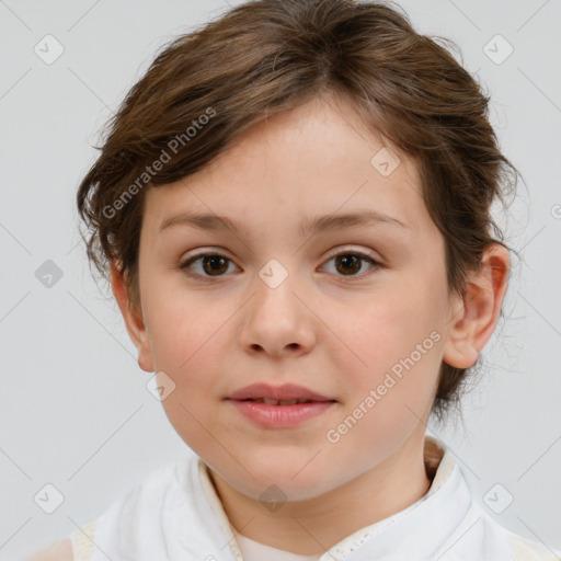 Joyful white child female with medium  brown hair and brown eyes