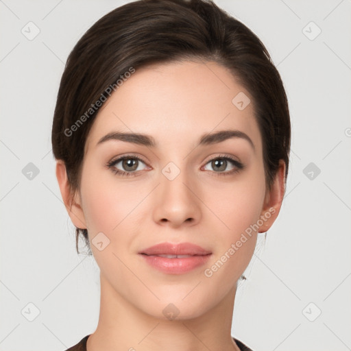 Neutral white young-adult female with short  brown hair and brown eyes