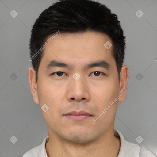 Neutral asian young-adult male with short  black hair and brown eyes