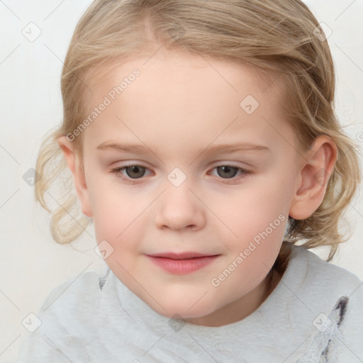 Joyful white child female with medium  brown hair and blue eyes