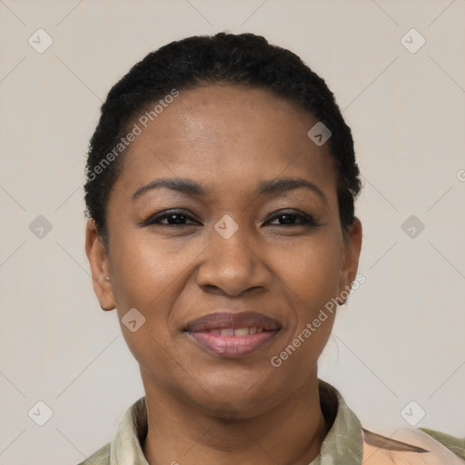 Joyful black adult female with short  black hair and brown eyes