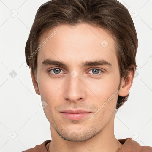 Neutral white young-adult male with short  brown hair and brown eyes