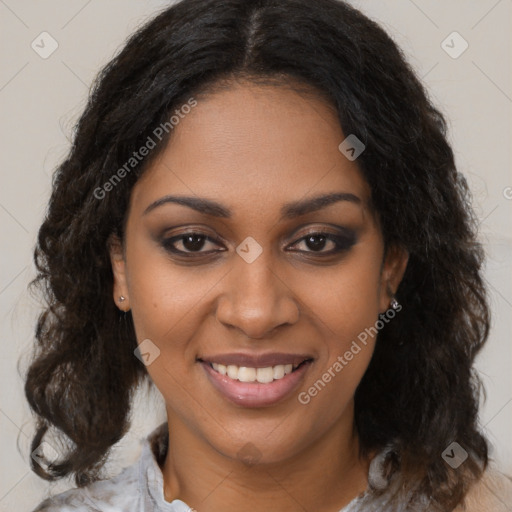 Joyful black young-adult female with medium  brown hair and brown eyes