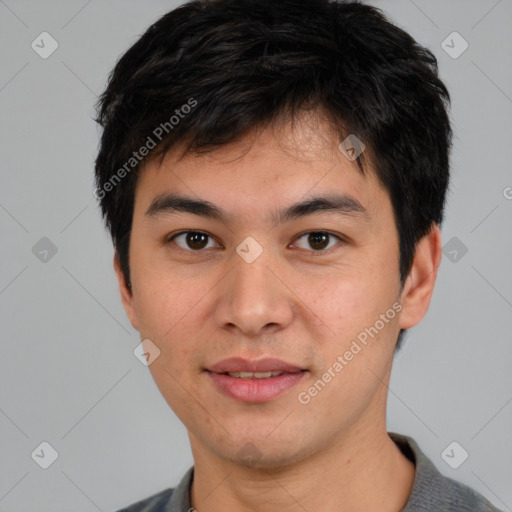 Joyful white young-adult male with short  black hair and brown eyes