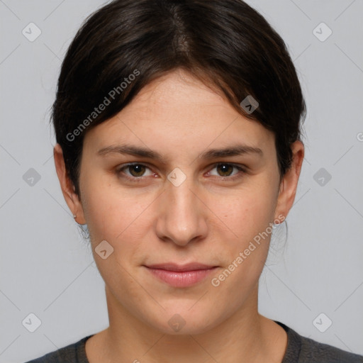 Joyful white young-adult female with medium  brown hair and brown eyes