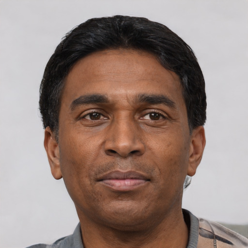 Neutral latino adult male with short  black hair and brown eyes