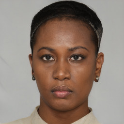 Neutral black young-adult female with short  black hair and brown eyes