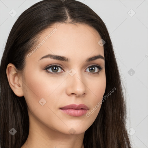 Neutral white young-adult female with long  brown hair and brown eyes