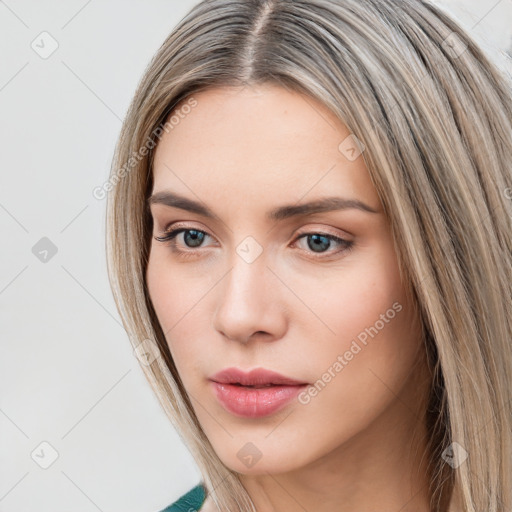 Neutral white young-adult female with long  brown hair and grey eyes