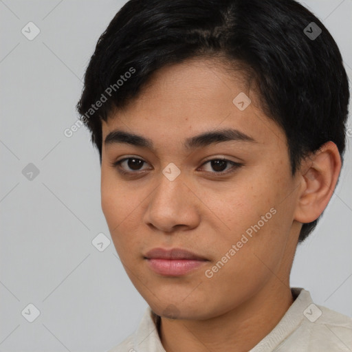 Joyful asian young-adult female with short  brown hair and brown eyes